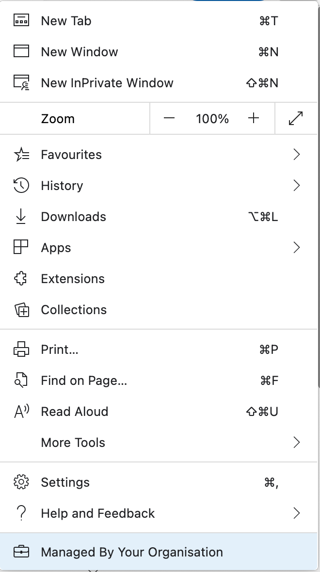 Edge settings showing Managed By Your Organization